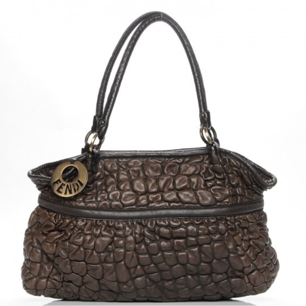 FENDI Bubble Calfskin Large Chef Tote Brown Leather Bag Italy AUTHENTIC Vintage